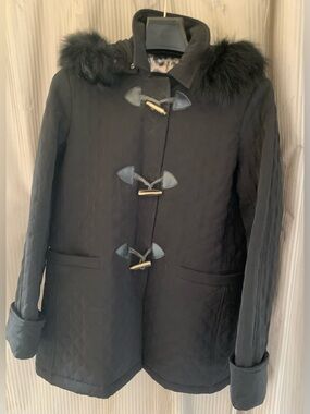 Jane Post Black Quilted Short Duffel Coat with Fur Trimmed Detachable Hood